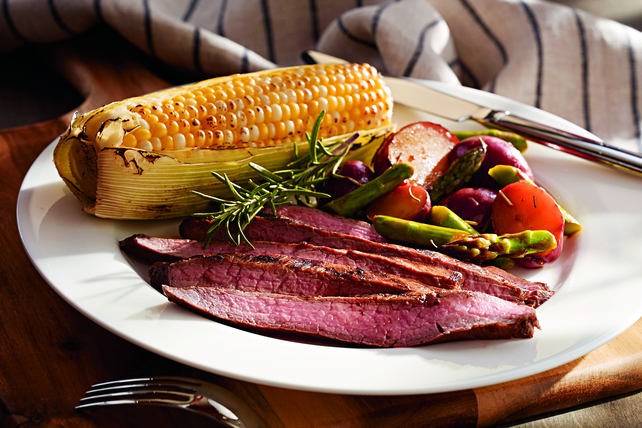 Barbecued Flank Steak with Roasted Vegetables and Corn